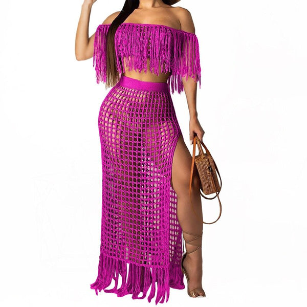 Fringed Fishnet Maxi Skirt Set