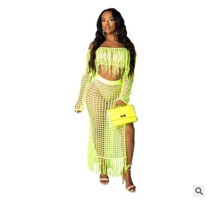 Neon Yellow Fishnet Skirt Set