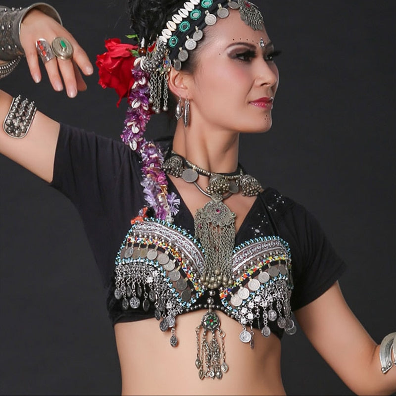 MHRCJ Tribal Belly Dance Push Up Beaded Bra Vintage Gypsy Bra Bronze Coins  Belly Dance Tops (Color : Retro, Size : S code) : : Fashion