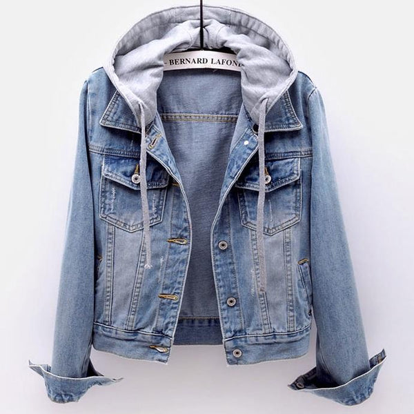 Jean Jacket With Gray Sweat Jacket Drawstring Hoodie Faded Denim Or Dark Blue Available In Sizes Small Medium Large XL And Plus Sizes 2X 3X And 4X