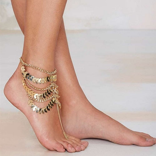 Gold Leaves Barefoot Sandal Golden Chains Bohemian Leaf Pattern Beach Ankle Bracelet Foot Jewelry One Size Adjustable