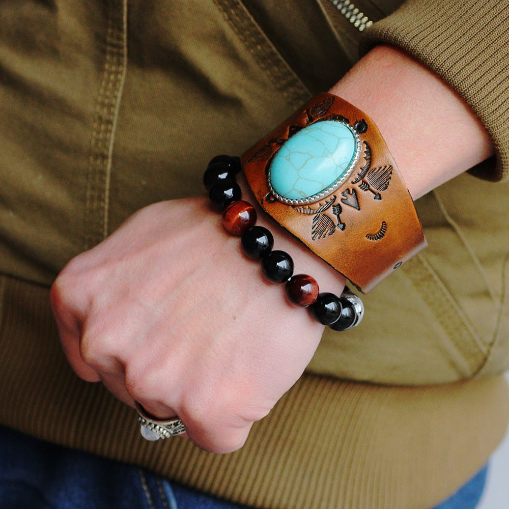 Wide Turquoise Leather Wrap Bracelet