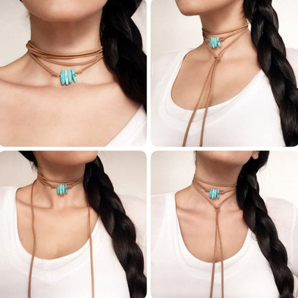 Turquoise Leather Lariat Necklace