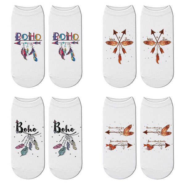 Boho Ankle Socks 6 Different Styles Love Without Limits Wild And Free Dream Without Fear Feathers Arrows Dream Catchers 3D Printed Bohemian Short Socks