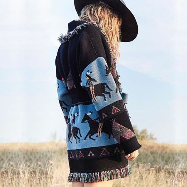 Wild Horses Cashmere Cardigan In 8 Different Colors You Choose Boho Sweater Coat Southwestern Print With Cactus Indians And Teepees Warm Wool Coat Available In Small Medium Or Large