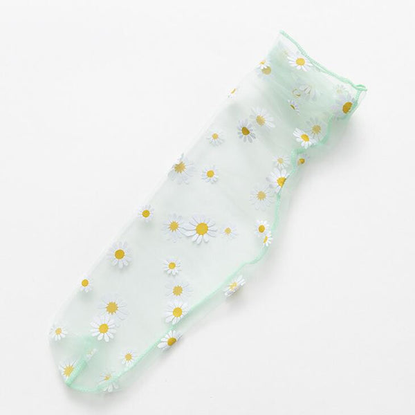 Mesh Daisy Socks 7 Colors You Choose See Through Anklets With Daisies Transparent Spring Summer Floral Girlie Crew Sock Thin Breathable Great With Sandals And Platforms Black White Baby Blue Baby Pink Lavender Mint Green Yellow One Size
