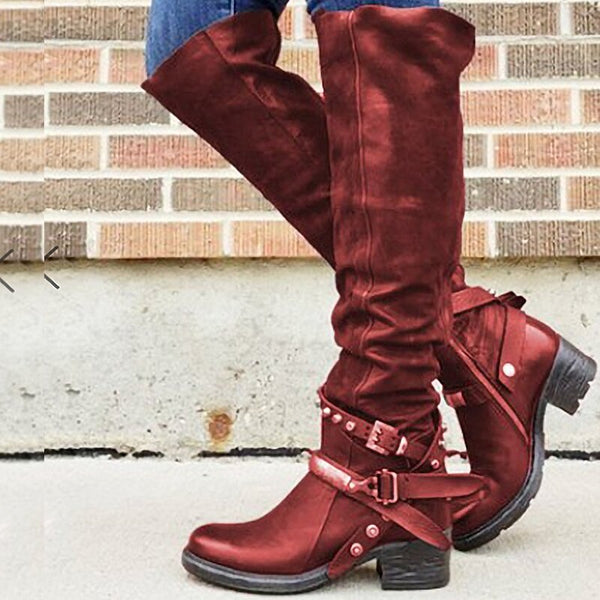 Over The Knee Riding Boots In Brown Black Or Red Knee High Boho Biker Chick Boots Studded Ankle Straps And Buckles Available In Sizes 5 - 10.5