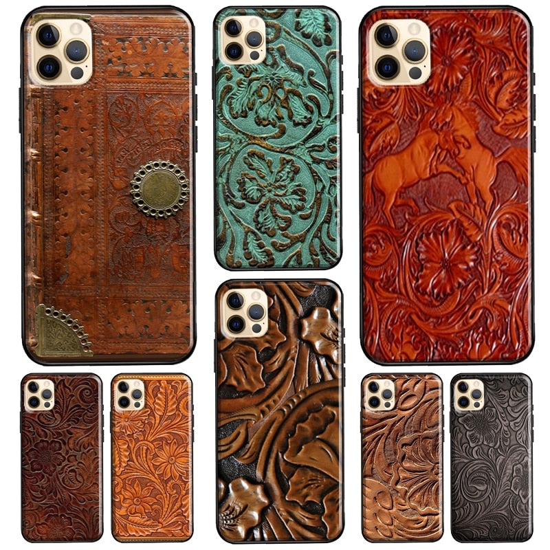 Tooled Vegan Leather iPhone Cases Brown Tan Patina 7 Styles Western Pa –  Made4Walkin
