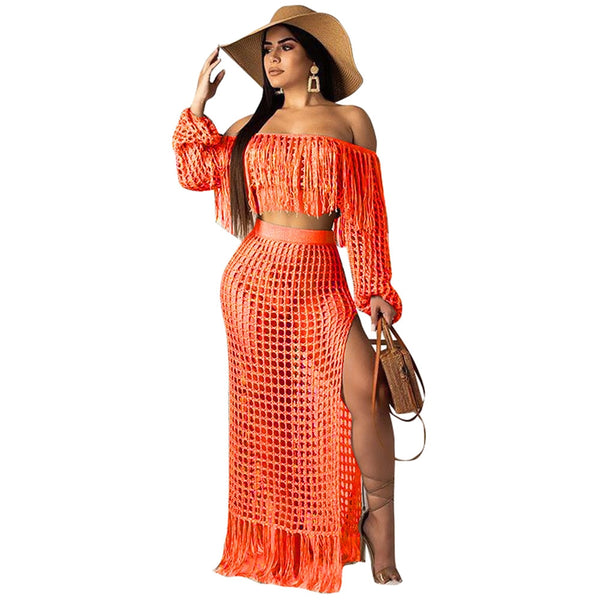 Orange Fishnet Maxi Skirt Set