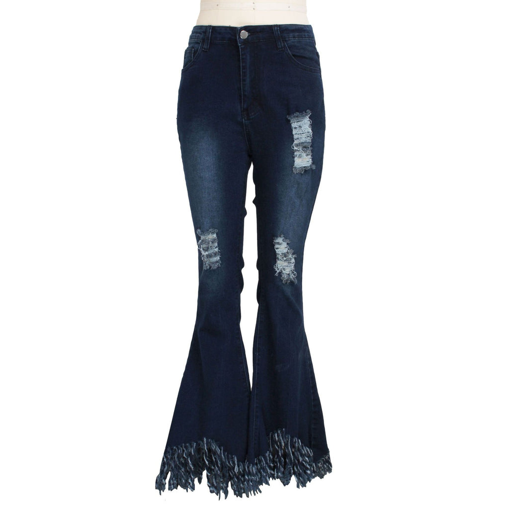 Bell Bottom Jeans Faded Denim High Waist Flare Pants Ripped Holes Dest ...