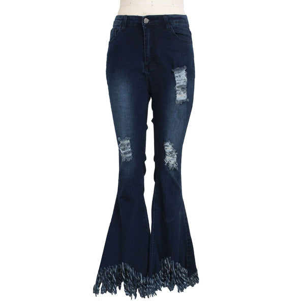 Bell Bottom Jeans Faded Denim High Waist Flare Pants Ripped Holes Destroyed Fringed Hem Boho Festival Hippie Available In Dark Wash & Black Too! Small Medium Large Extra Large XL XXL 2X XXXL 3X Plus Size