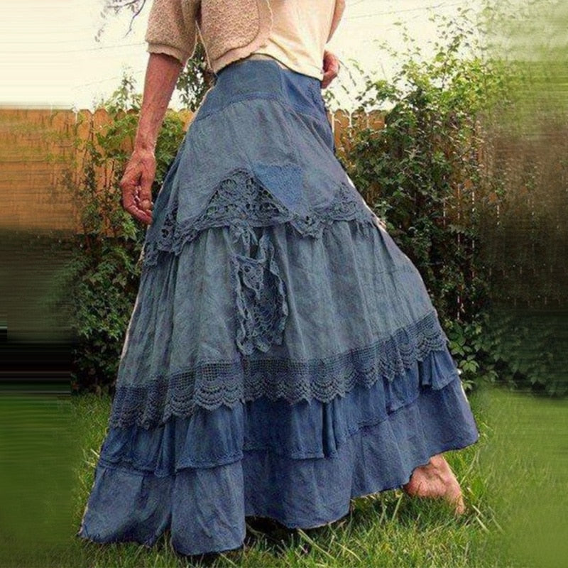 Gypsy Maxi Skirt Available In Four Different Colors Gray Blue Blush Pink Or Yellow Handmade Look Vintage Recycled Lace Doilies Style Cinderella Long