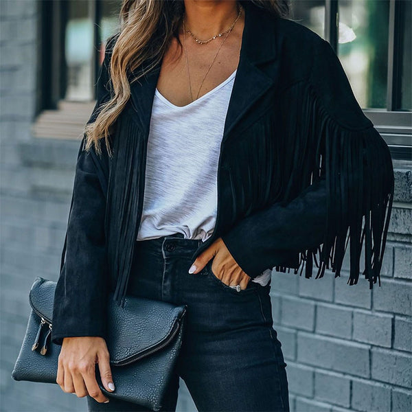 Fringed Vegan Leather Jacket In 6 Different Colors Cropped Suede Boho Winter Coat Motorcyle Biker Rocker Style Black Beige Pink Brick Red White Or Tan Available In Small Medium Large Or XL