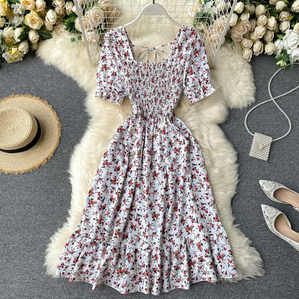 Puff Sleeve Midi Dress Bohemian Floral Print In 8 Different Colors You Choose Tiny Flowers Print Square Smocked Bust Ruffled Hem White Black Pink Blue Yellow Purple Green  Beige Red One Size