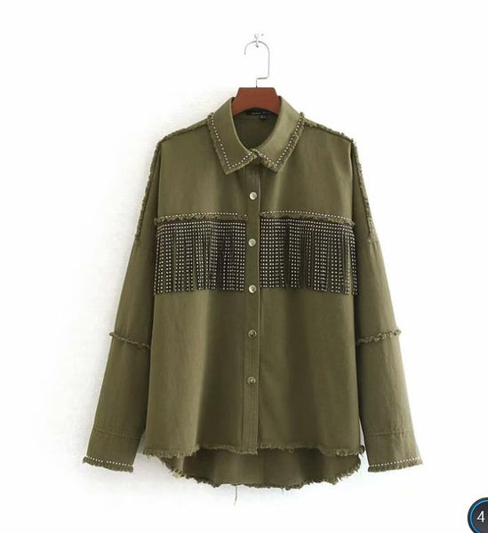 Army Green Fringe Denim Jacket