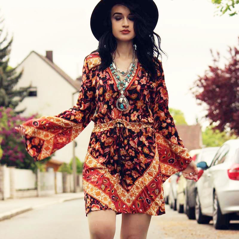 boho bell sleeve mini dress Earthy Divine Short Dress with Bell Sleeves