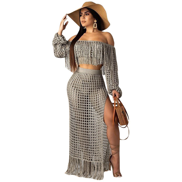 Gray Fishnet Maxi Skirt Set