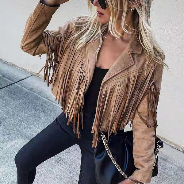 Fringed Vegan Leather Jacket In 6 Different Colors Cropped Suede Boho Winter Coat Motorcyle Biker Rocker Style Black Beige Pink Brick Red White Or Tan Available In Small Medium Large Or XL