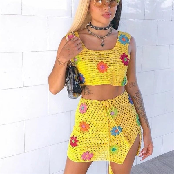 Yellow Mini Skirt Set With Flowers