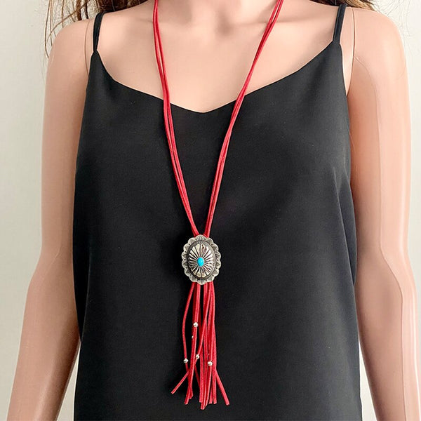 Red Leather Concho Necklace
