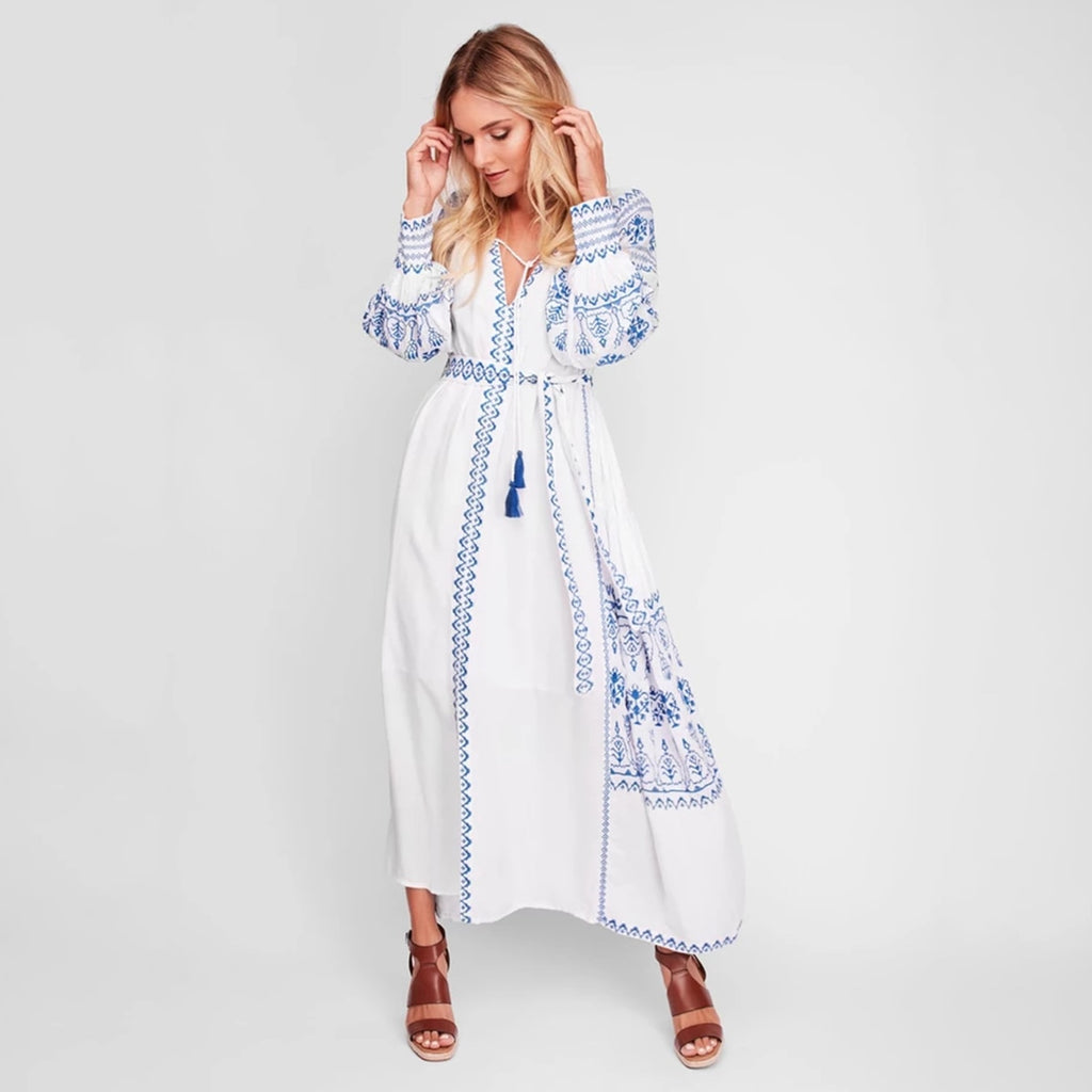 Bahia Maxi Dress White With Blue Embroidery Long Puffed Peasant Sleeve Made4Walkin Bahia Maxi Dress White With Blue Embroidery Long Puffed Peasant Sleeve Made4Walkin