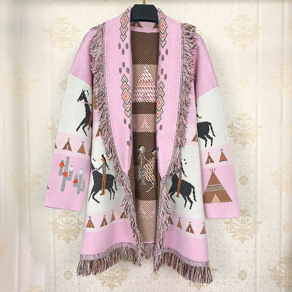 Wild Horses Cashmere Cardigan In 8 Different Colors You Choose Boho Sweater Coat Southwestern Print With Cactus Indians And Teepees Warm Wool Coat Available In Small Medium Or Large