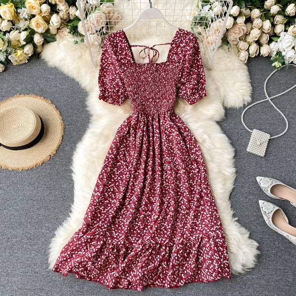 Puff Sleeve Midi Dress Bohemian Floral Print In 8 Different Colors You Choose Tiny Flowers Print Square Smocked Bust Ruffled Hem White Black Pink Blue Yellow Purple Green  Beige Red One Size