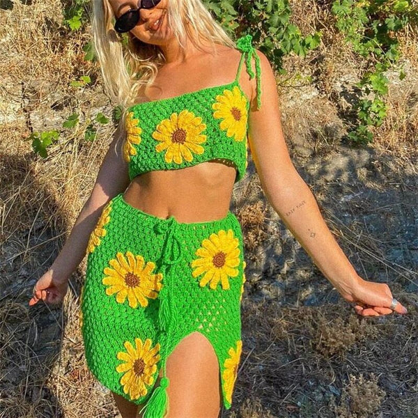 Green Skirt Set Yellow Flowers