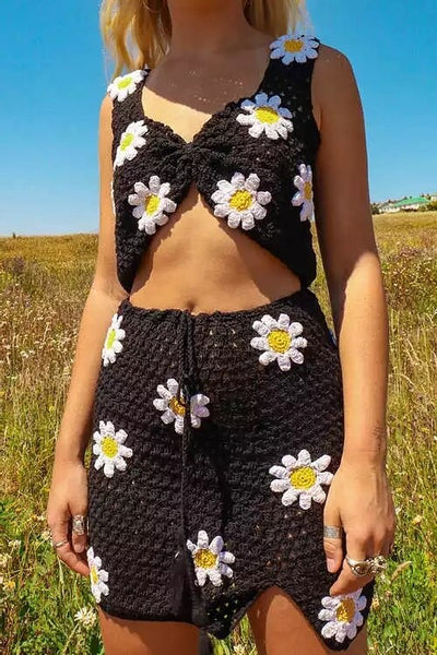 Black Skirt Set White Daisies