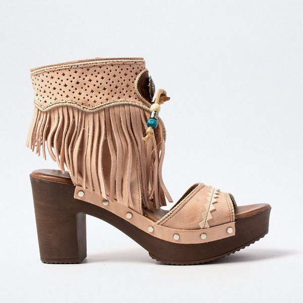 Platform Boot Sandals In 3 Different Colors With Fringe Silver Conchos And Turquoise Wooden Beads Vegan Leather Boho Booties Tan Taupe Or Champagne Pink