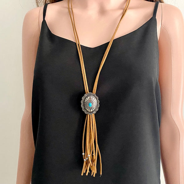 Tan Leather Concho Necklace