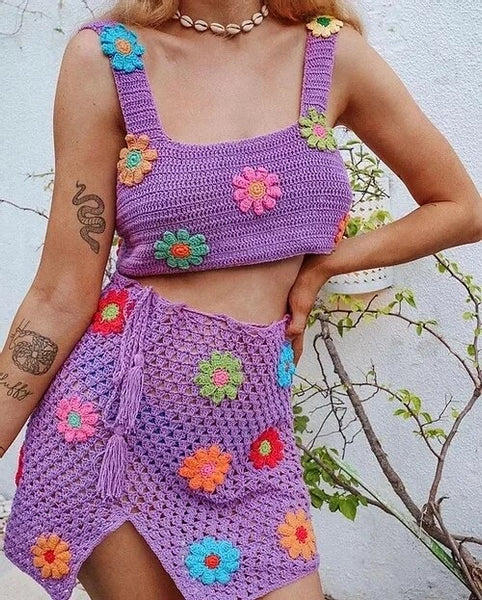 Lavender Crochet Mini Skirt Set