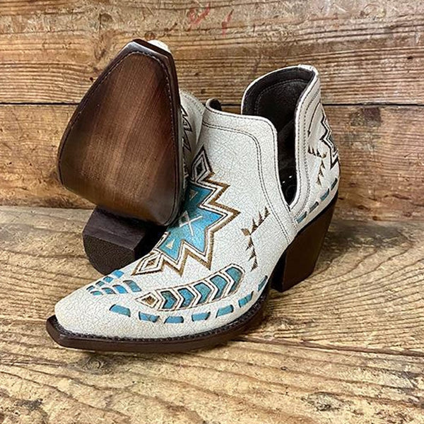 White Bootie Cowboy Boots With Turquoise Aztec Embroidery Slip-On Shorty Ladies Cowgirl Boots In Vegan Leather They Look Great With Jean Shorts!