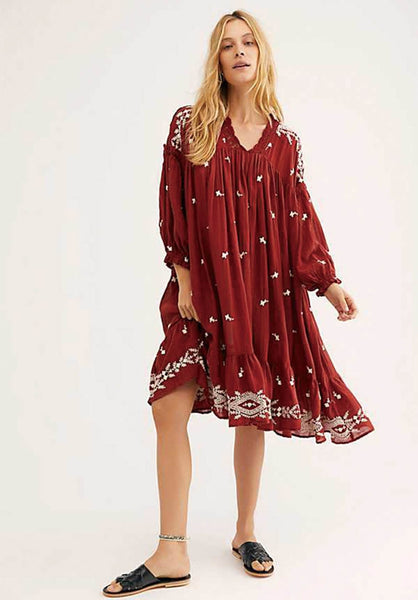 Lavender Fields Midi Dress Red Or Off White Embroidered Boho Flared Loose Long Peasant Sleeves Romantic Lace V Neck Available In Small Medium Large Or Extra Large XL