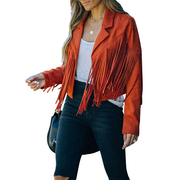 Fringed Vegan Leather Jacket In 6 Different Colors Cropped Suede Boho Winter Coat Motorcyle Biker Rocker Style Black Beige Pink Brick Red White Or Tan Available In Small Medium Large Or XL