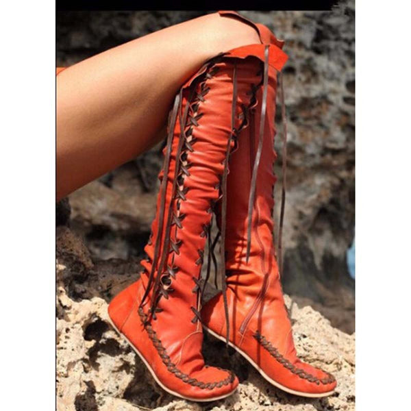 Lace Up Over The Knee Moccasins In Brown Black Red Or Pink Fitted Boots Lace Up Sides And Front Vegan Leather Tribal Native