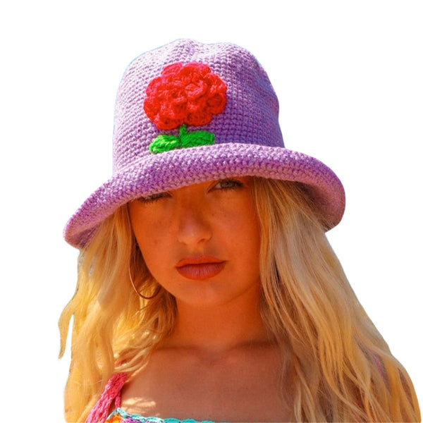 Purple Bucket Hat With Rose