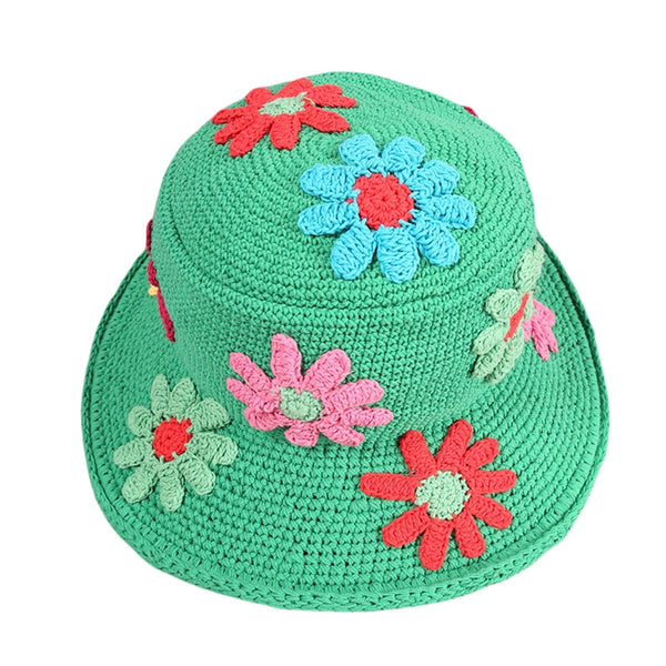 Green Crocheted Hat With Flowers