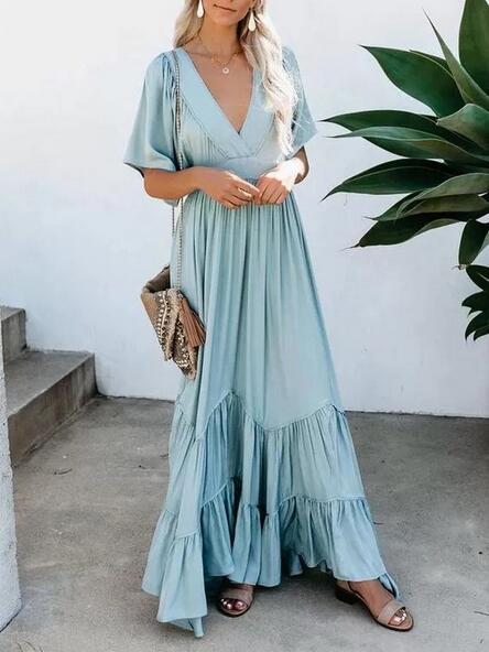 Bohemian Maxi Dress Short Fluttered Sleeves Tiered Skirt Deep V Plunge Neck Light Baby Blue Orange Sherbert Gray Pink Or Sage Green Available In Sizes Small Medium Large XL Or Plus Size XXL 2X Works Great For Maternity Sizes Too