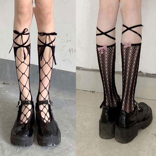 Lace Up Socks Black Or White You Choose Pointelle Lace Knee High Lolita Hoisiery Bohemian Knee Highs