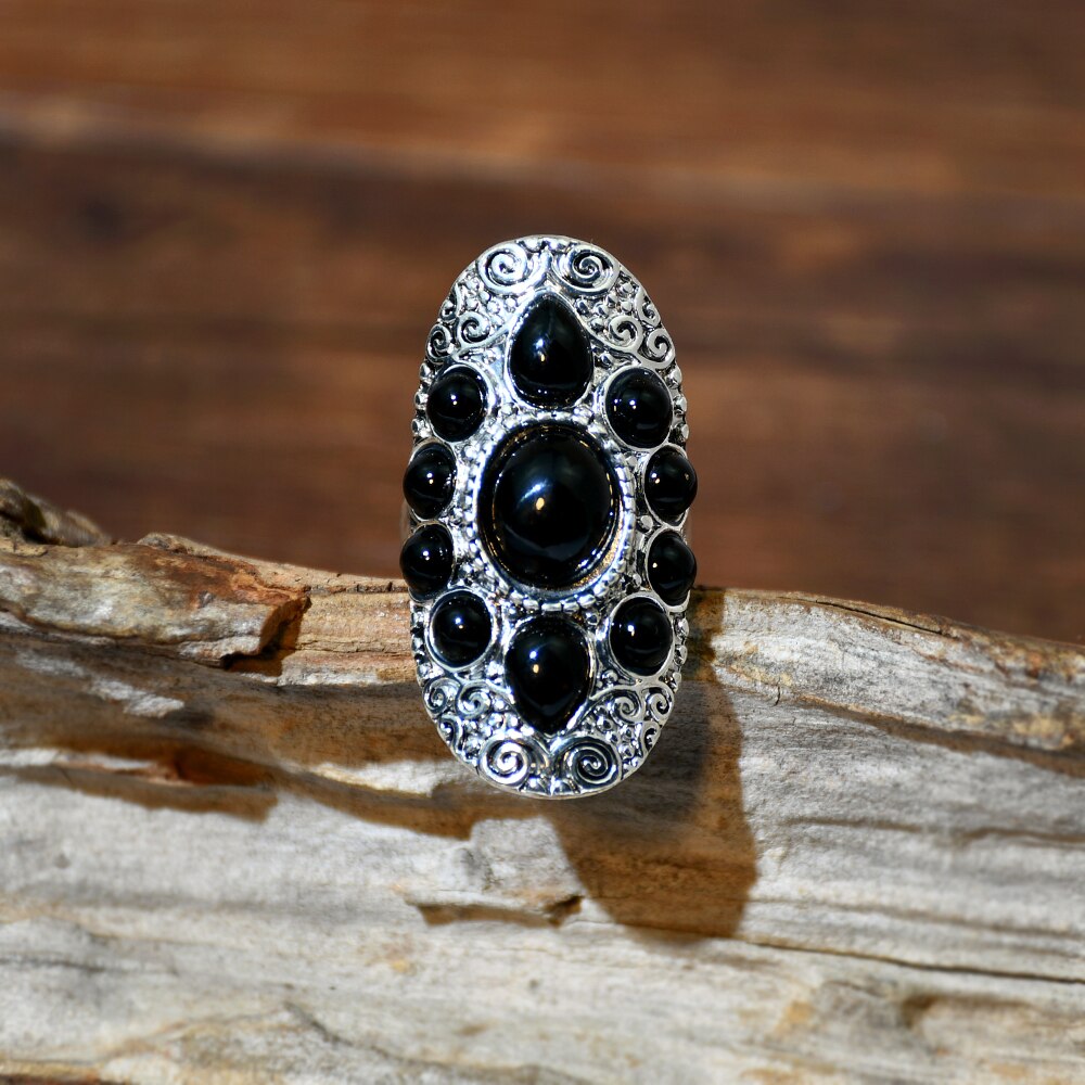 Gypsy Ring Oval With Black Stones Carved Swirling Filigrees Silver Ring Boho Bohemian Jewelry