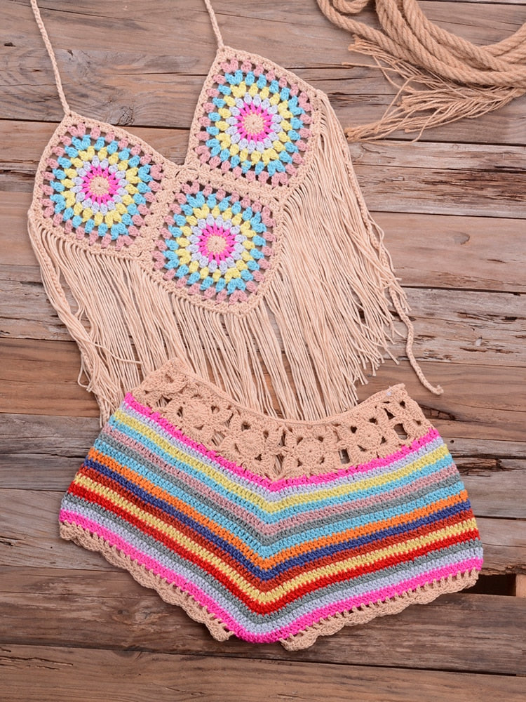 Handmade Granny Squares Bikini Boho Crochet Fringe Short Set Halter To –  Made4Walkin