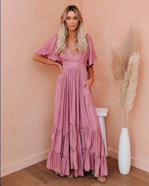 Bohemian Maxi Dress Short Fluttered Sleeves Tiered Skirt Deep V Plunge Neck Light Baby Blue Orange Sherbert Gray Pink Or Sage Green Available In Sizes Small Medium Large XL Or Plus Size XXL 2X Works Great For Maternity Sizes Too