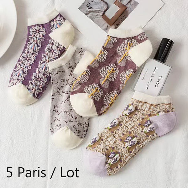 Bohemian Socks 5 Pack Embroidery Lace Flowers 19 Different Styles You Choose Crew Socks Or Short Socks Pink White Purple Lavender Green Beige Brown Blue Gray Unique Boutique Socks