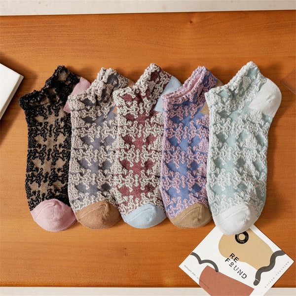 Bohemian Socks 5 Pack Embroidery Lace Flowers 19 Different Styles You Choose Crew Socks Or Short Socks Pink White Purple Lavender Green Beige Brown Blue Gray Unique Boutique Socks