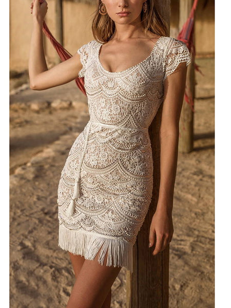 White Lace Mini Dress Cap Sleeves Scoop Neck Tassel Ties Waist Fringed Hem Low Cut Back Bohemian Elegance Sizes Small Medium Large Or XL