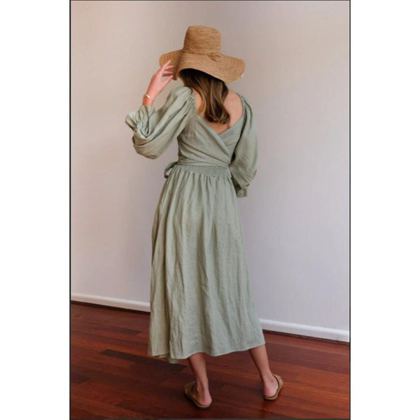 Long Puff Sleeves Maxi Dress Sage Green Wear Forwards Or Backwards Off Shoulders Or On Smocked Front Open Back Sash Waist Pockets Sizes Small Medium Large XL And Plus Size XXL 2X