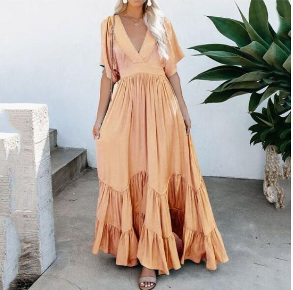 Bohemian Maxi Dress Short Fluttered Sleeves Tiered Skirt Deep V Plunge Neck Light Baby Blue Orange Sherbert Gray Pink Or Sage Green Available In Sizes Small Medium Large XL Or Plus Size XXL 2X Works Great For Maternity Sizes Too