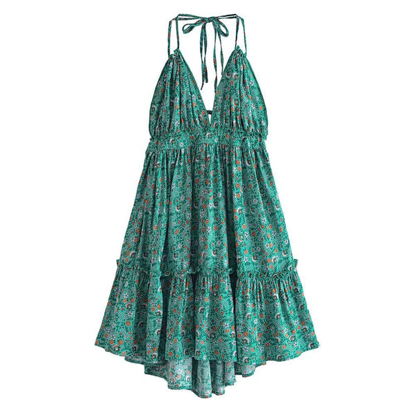 Boho Mini Dress "100 Degree" Availble In 15 Different Colors 4 Floral Prints You Choose Halter Top With Tiered Polka Dot Netting Available In Sizes Small Medium Or Large Free Spirited People