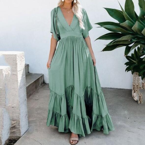 Bohemian Maxi Dress Short Fluttered Sleeves Tiered Skirt Deep V Plunge Neck Light Baby Blue Orange Sherbert Gray Pink Or Sage Green Available In Sizes Small Medium Large XL Or Plus Size XXL 2X Works Great For Maternity Sizes Too